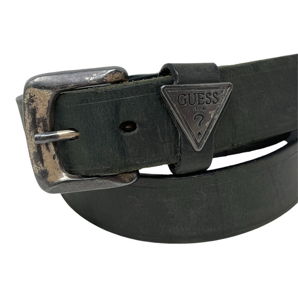 Vintage 90s Guess Black Leather Belt 36 Made in USA Triangle Logo Distressed - Picture 6 of 6